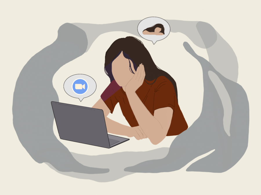 A woman at a laptop with video call icon and thought bubble showing a sleeping person, surrounded by gray smoke-like swirls.