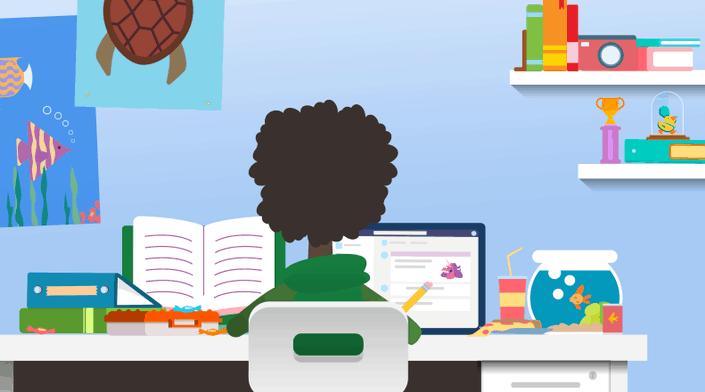 A child with curly hair studies at a desk with books, laptop, fishbowl, and sea-themed wall art.