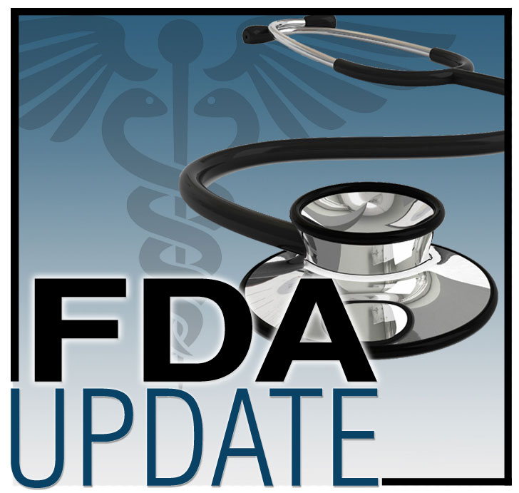 FDA Update graphic with stethoscope and caduceus symbol on blue gradient background.