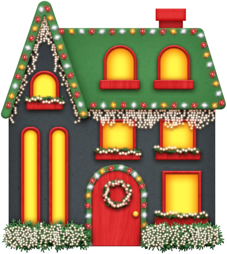 Festive gingerbread-style house decorated with Christmas lights, wreath, garlands, and glowing windows.