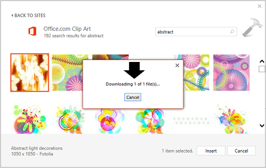 Downloading abstract clip art from Office.com interface with progress dialog visible.