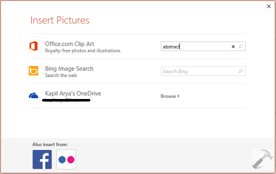 Screenshot of Microsoft Office's "Insert Pictures" dialog showing Clip Art, Bing Image Search, and OneDrive options.