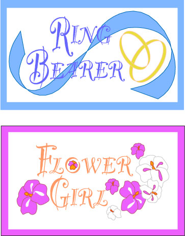 Two wedding role signs: "Ring Bearer" with blue ribbon and yellow rings, and "Flower Girl" with pink and white flowers.