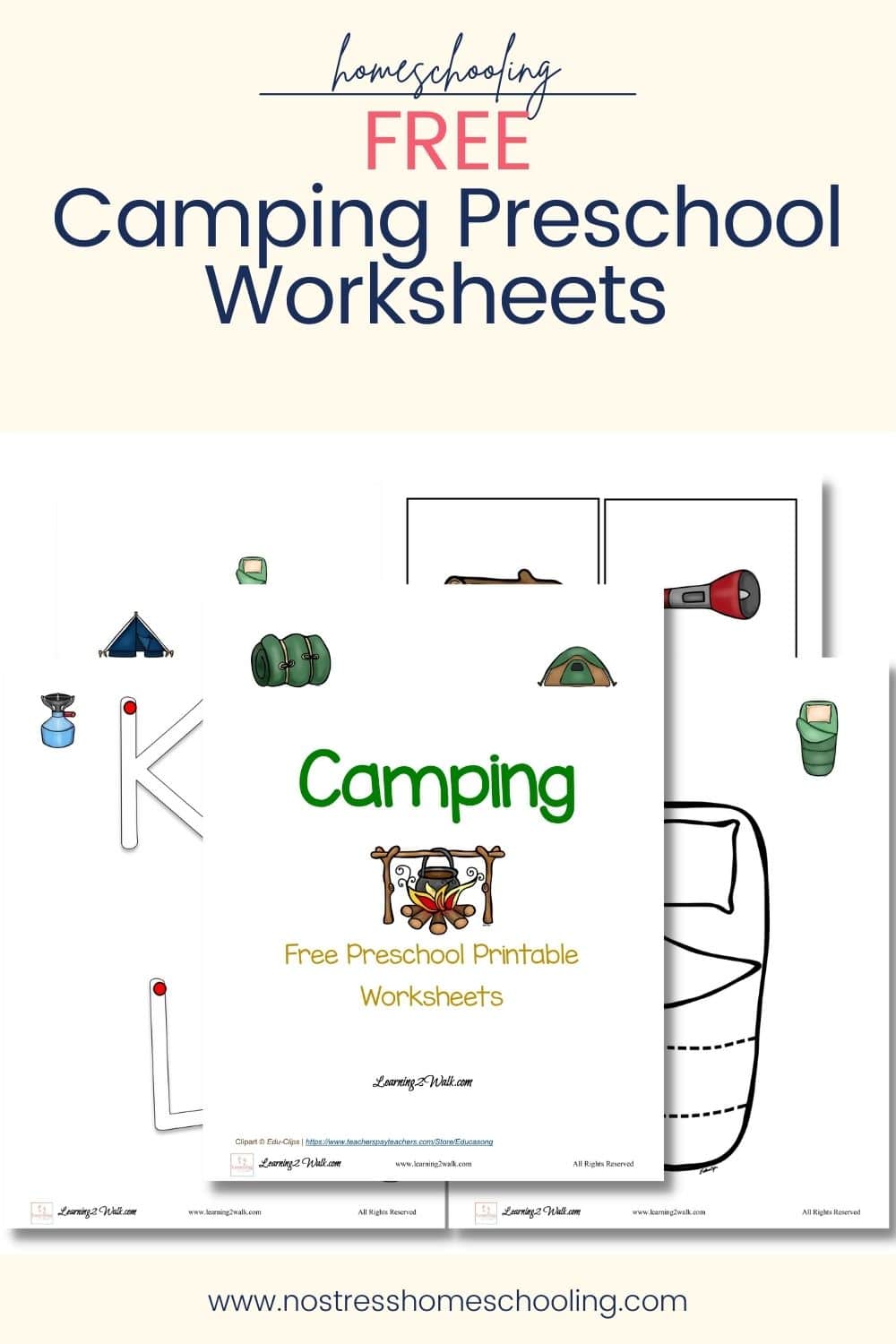 Free printable camping-themed preschool worksheets featuring tents, sleeping bags, flashlights, and campfire activities.