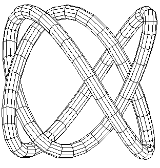 Wireframe rendering of a complex interlocking torus knot, resembling a 3D infinity symbol with grid texture.