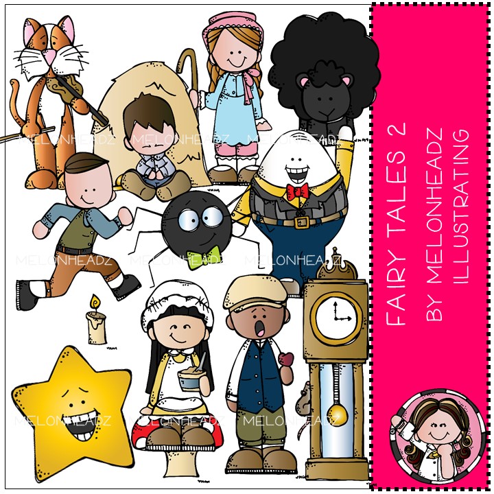 Collection of illustrated fairy tale characters including Humpty Dumpty, Little Boy Blue, a star, cat, spider, and more by Melonheadz.