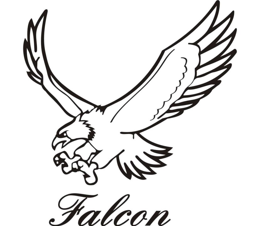 Black-and-white line drawing of a falcon in flight, wings spread, talons extended, with the word "Falcon" below.