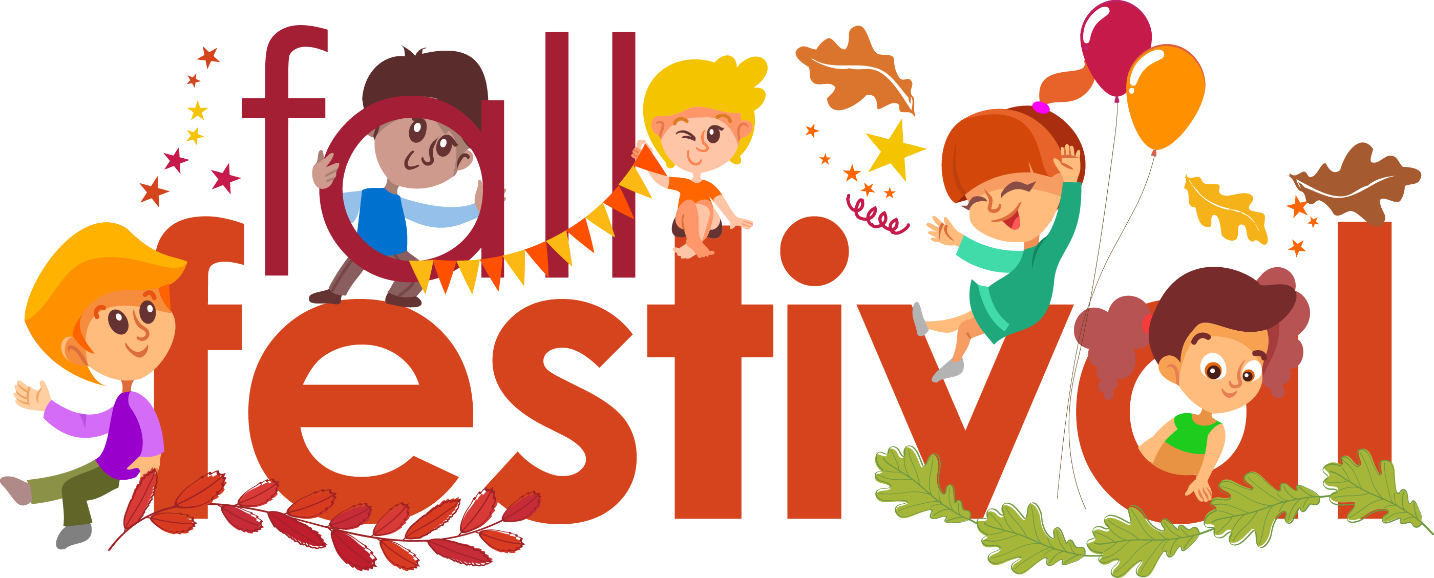 Joyful children celebrating a colorful fall festival with leaves, balloons, and banners around stylized text.