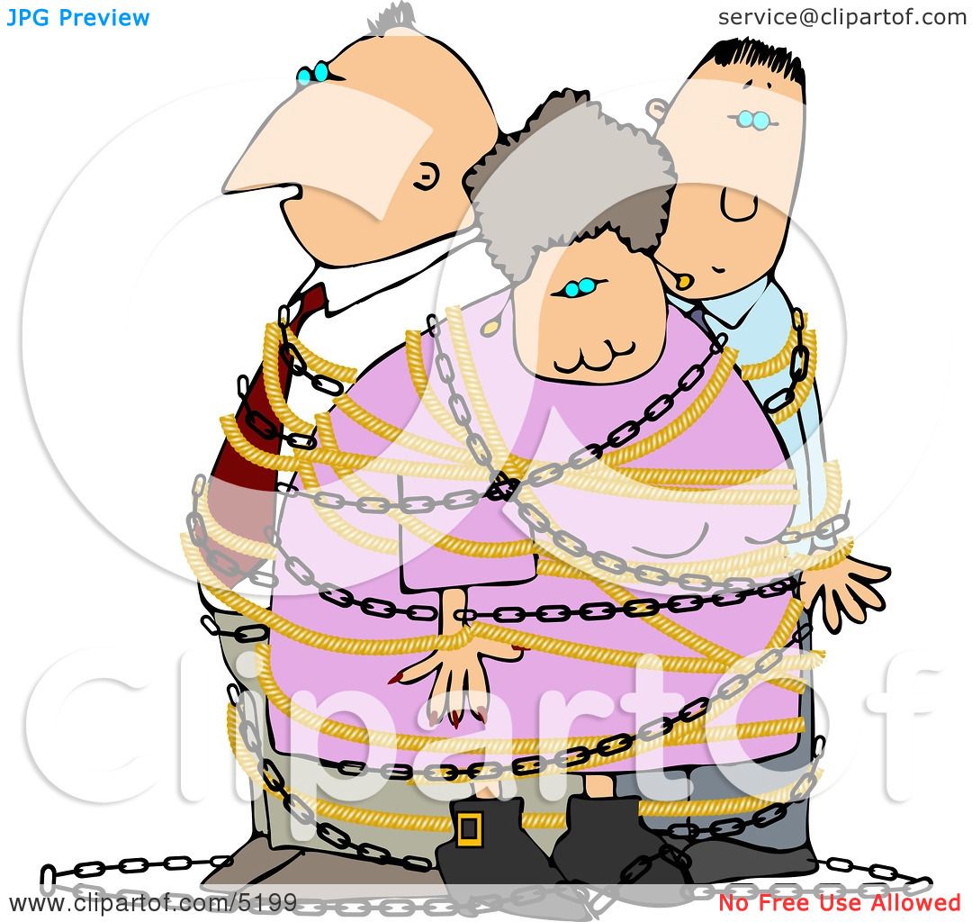 Three cartoon characters-two men and a woman-bound together with ropes and chains, symbolizing entanglement or obligation.