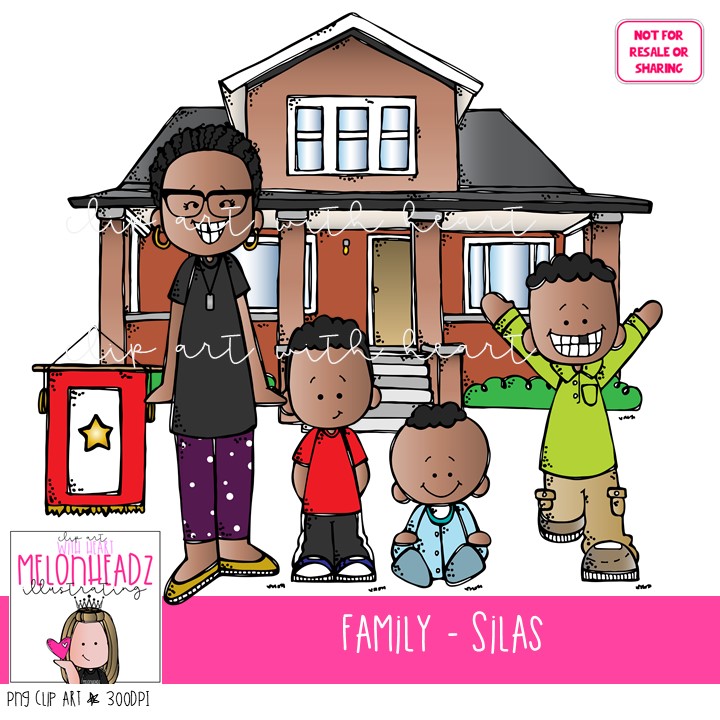 A joyful Black family of five-mother and four sons-pose in front of their home with a Kwanzaa kinara and flag, celebrating Silas.