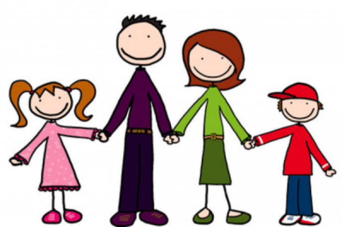 Hand-drawn stick-figure family of five with a dog, colorful crayon-style illustration.