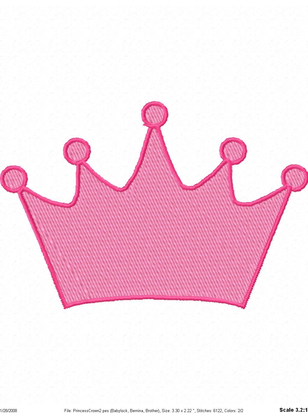Pink embroidered princess crown with five points and satin-stitch fill, designed for machine embroidery.