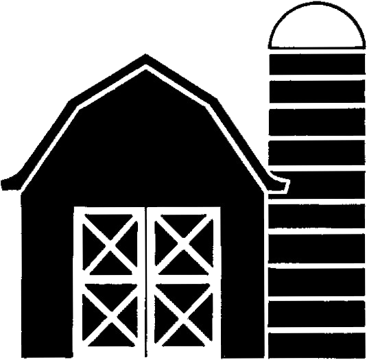 Black silhouette of a classic barn with double X-braced doors and an adjacent striped silo.