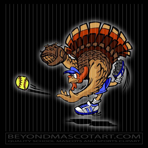 Cartoon turkey mascot in blue cap and sneakers pitching a softball with glove and dynamic motion blur.
