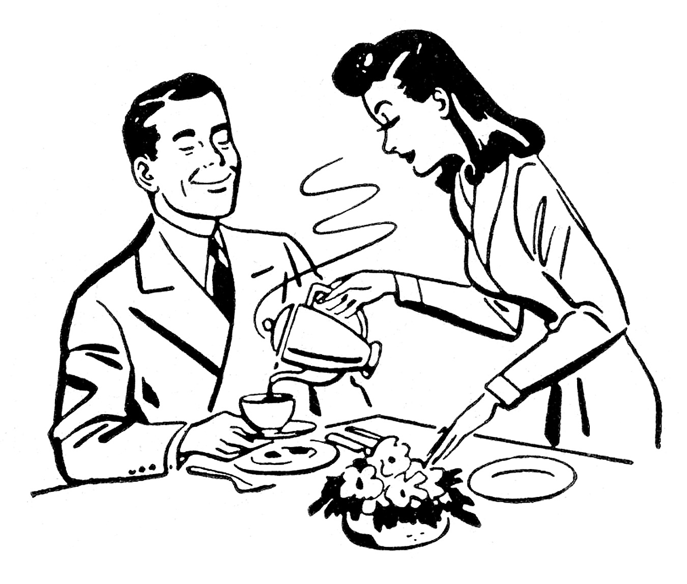 A vintage-style illustration of a woman pouring steaming coffee for a smiling man at a dining table with flowers and plates.