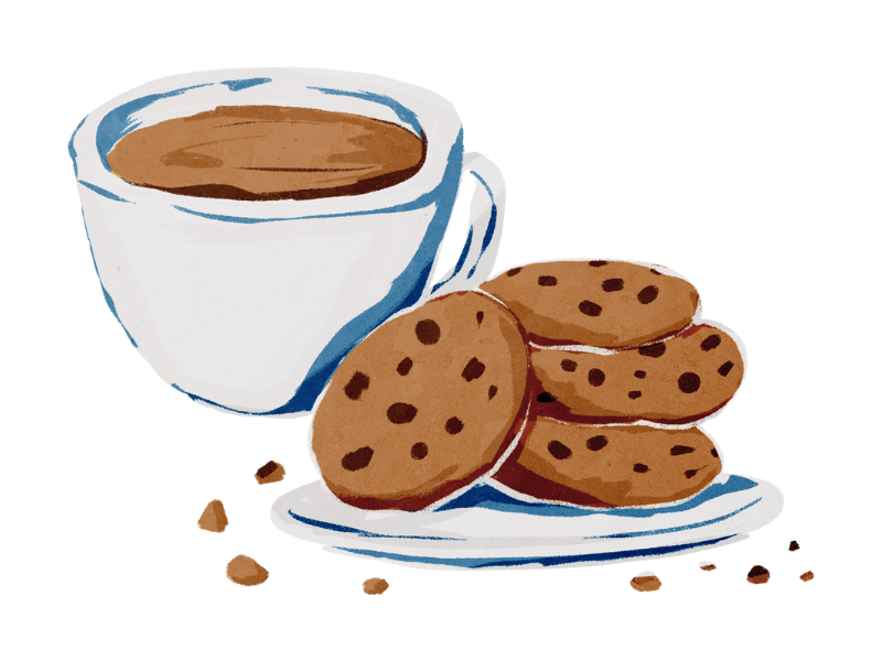 A white ceramic mug filled with coffee beside a stack of chocolate chip cookies on a matching saucer, with scattered crumbs.