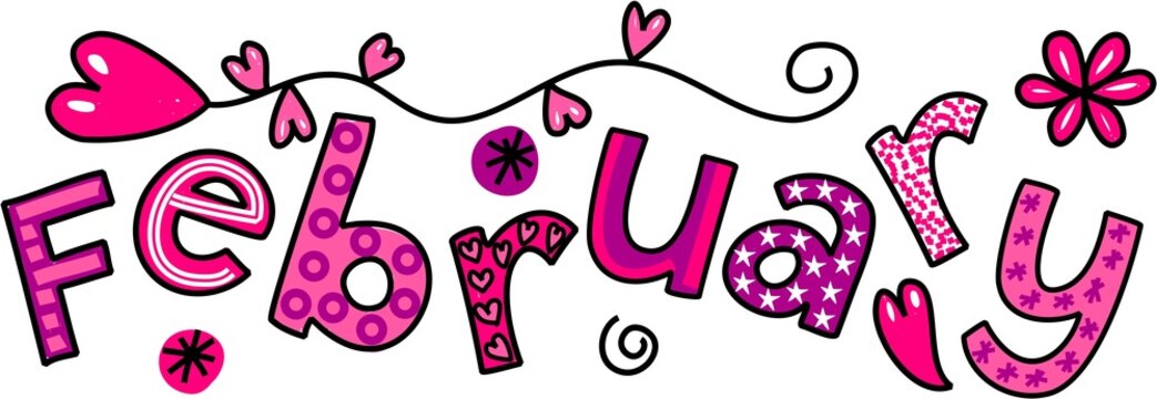 Decorative "February" text in pink and purple with hearts, stars, flowers, and swirls for Valentine’s or seasonal themes.