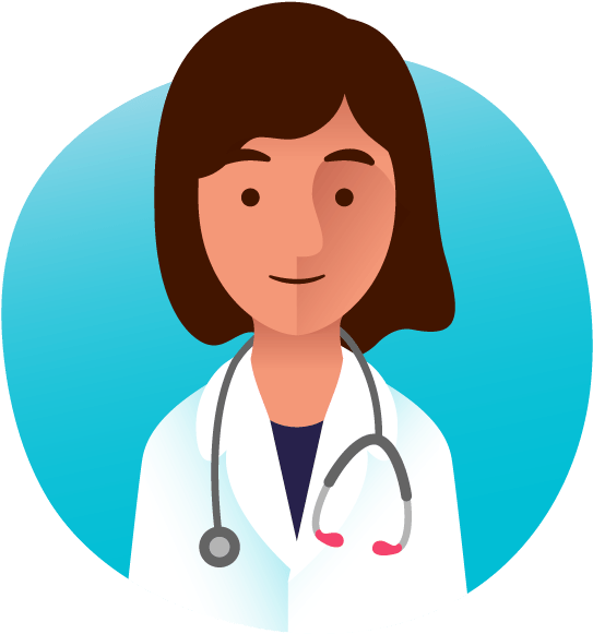 Female doctor with stethoscope, wearing white coat, smiling against teal background.