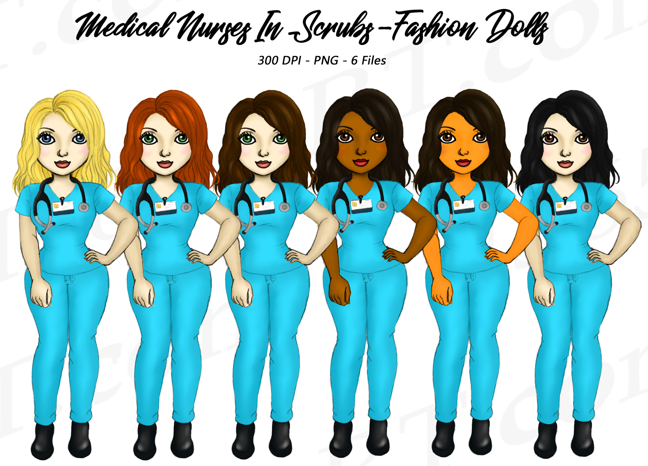Six diverse cartoon nurse fashion dolls in blue scrubs with stethoscopes, posed confidently.