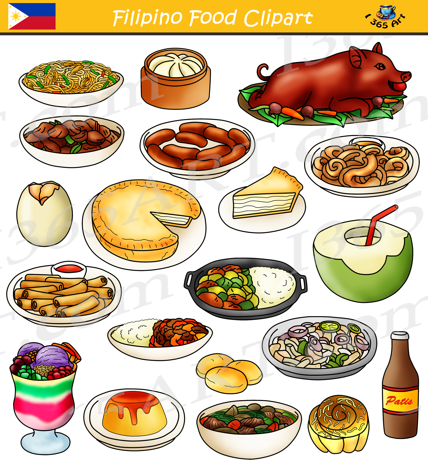 Collection of illustrated Filipino dishes including lechon, pancit, lumpia, halo-halo, and puto.