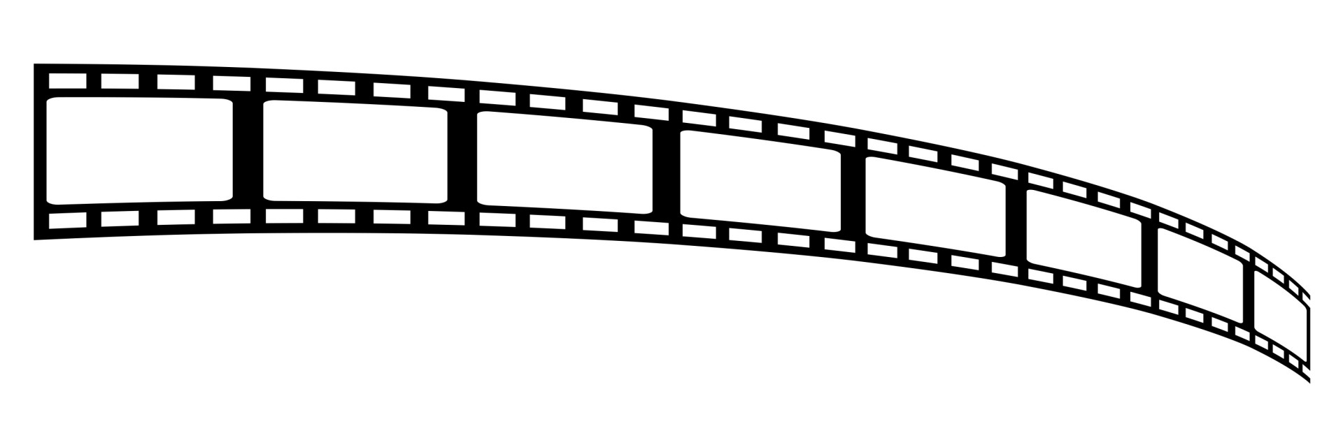 Black-and-white illustration of a curved 35mm film strip with blank frames and sprocket holes.