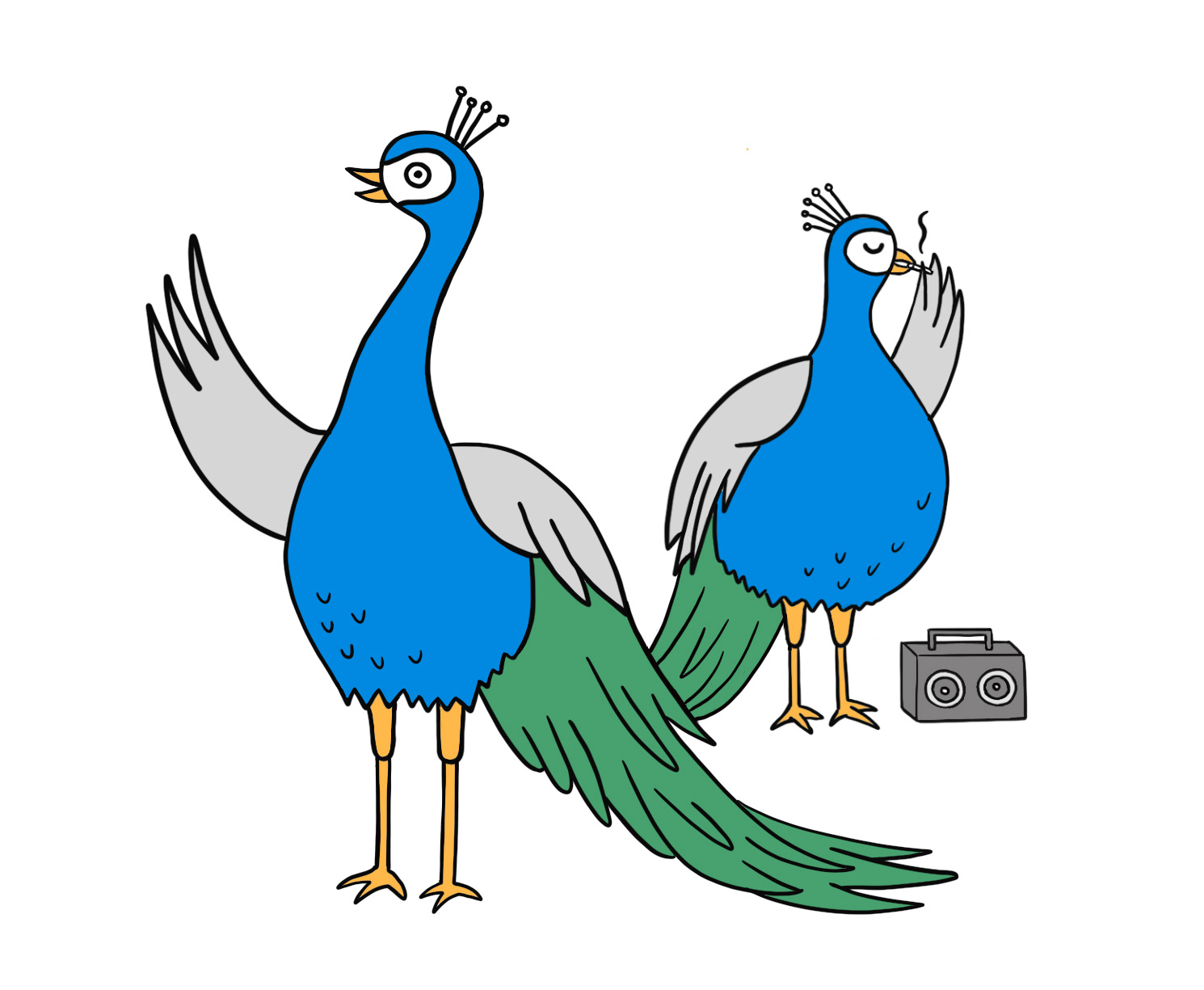 Two cartoon peacocks-one dancing with a boombox, the other smoking-vibrant blue bodies, green tails, and expressive faces.