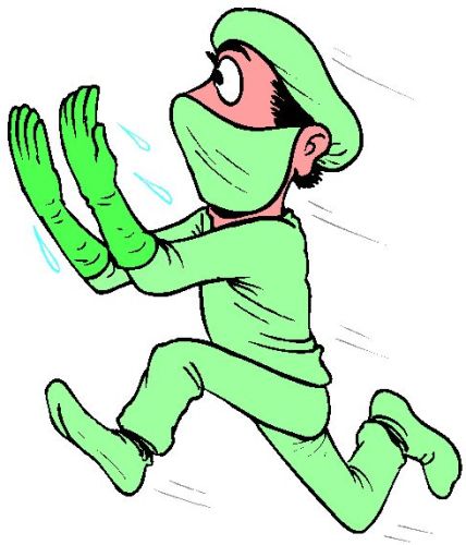 A cartoon surgeon in green scrubs, cap, mask, and gloves running urgently with sweat droplets.