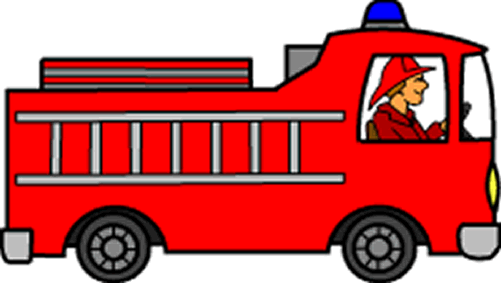 Red cartoon fire truck with ladder, blue siren, and firefighter driver.