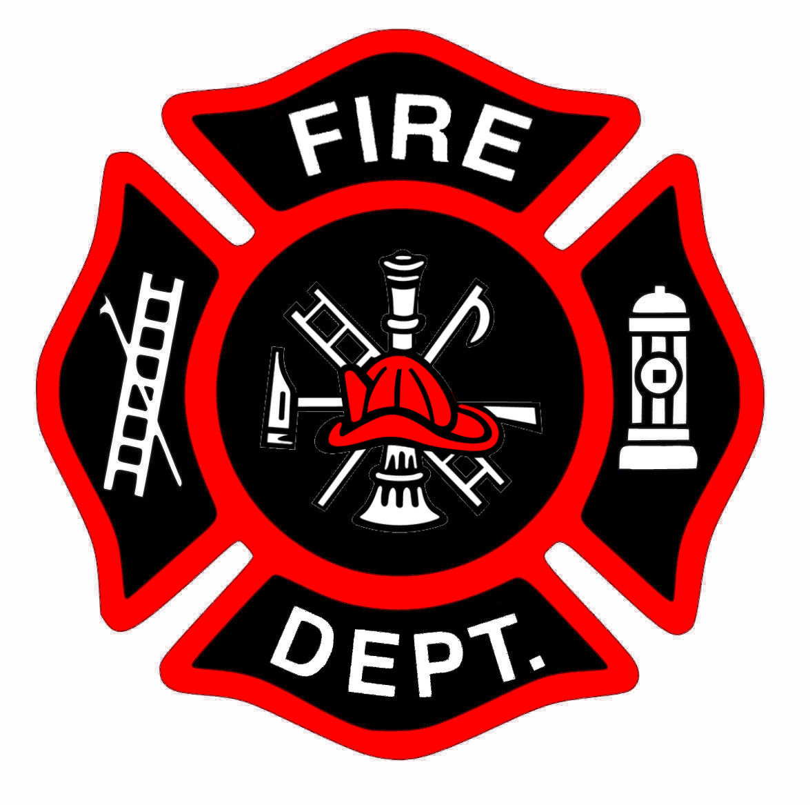 Red Maltese cross fire department emblem with firefighter helmet, crossed tools, ladder, and hydrant on black background.