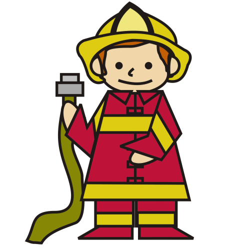 Cartoon firefighter in red uniform and yellow helmet holding a hose.