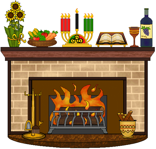 Kwanzaa celebration scene with kinara, mazao, kikombe cha umoja, and fireplace.