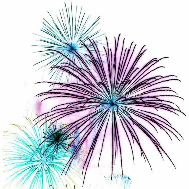 Vibrant purple, blue, and teal fireworks bursting against a white background in artistic stylized illustration.