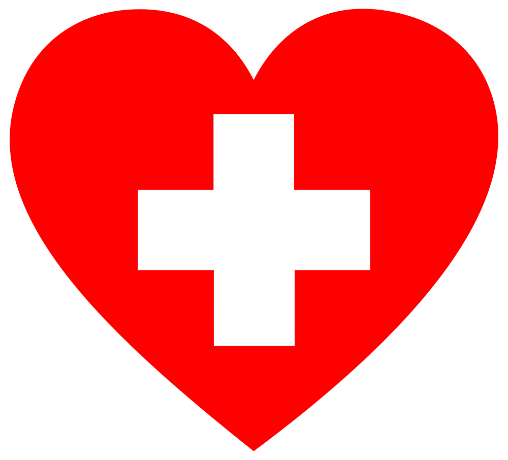 Red heart with a black medical cross symbol centered inside, representing health, care, or first aid.