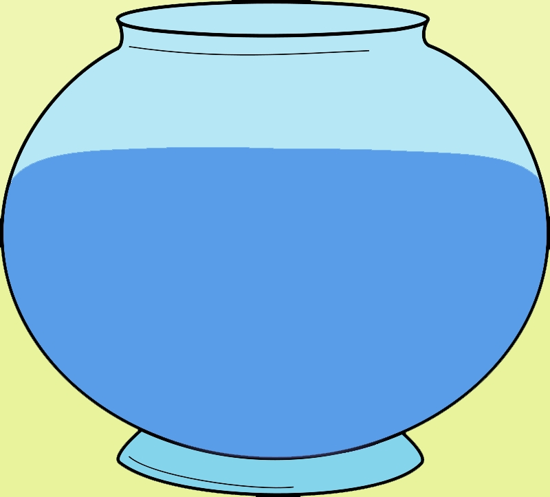 Simple cartoon-style fishbowl filled with blue water on a pale yellow background.