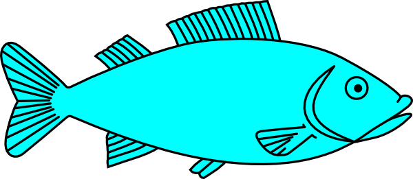 Bright cyan cartoon fish with black outlines, dorsal, pectoral, and caudal fins, and a simple eye on black background.