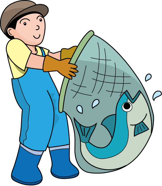 Fisherman in blue overalls holding a large fish in a net, smiling confidently.