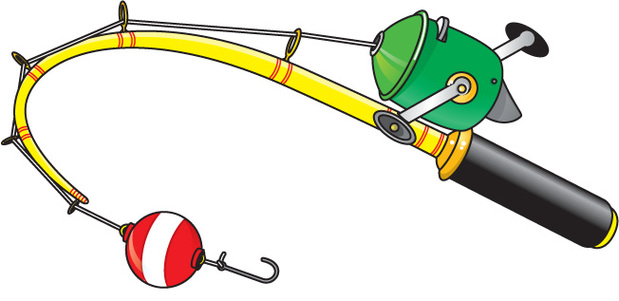 A colorful cartoon-style fishing rod with a green reel, yellow shaft, and red-and-white bobber attached to the line.
