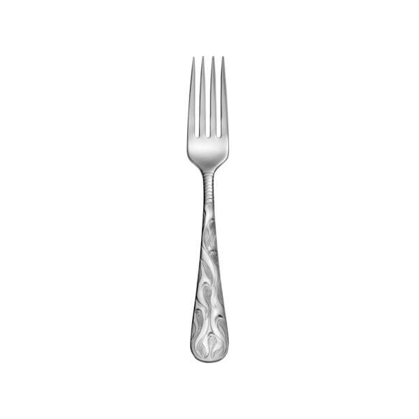 Elegant silver dinner fork with ornate floral-patterned handle and four tines.
