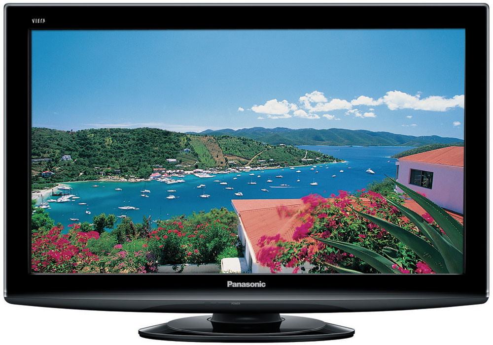 Panasonic Viera HDTV displaying a vibrant coastal scene with boats, hills, and tropical flowers.
