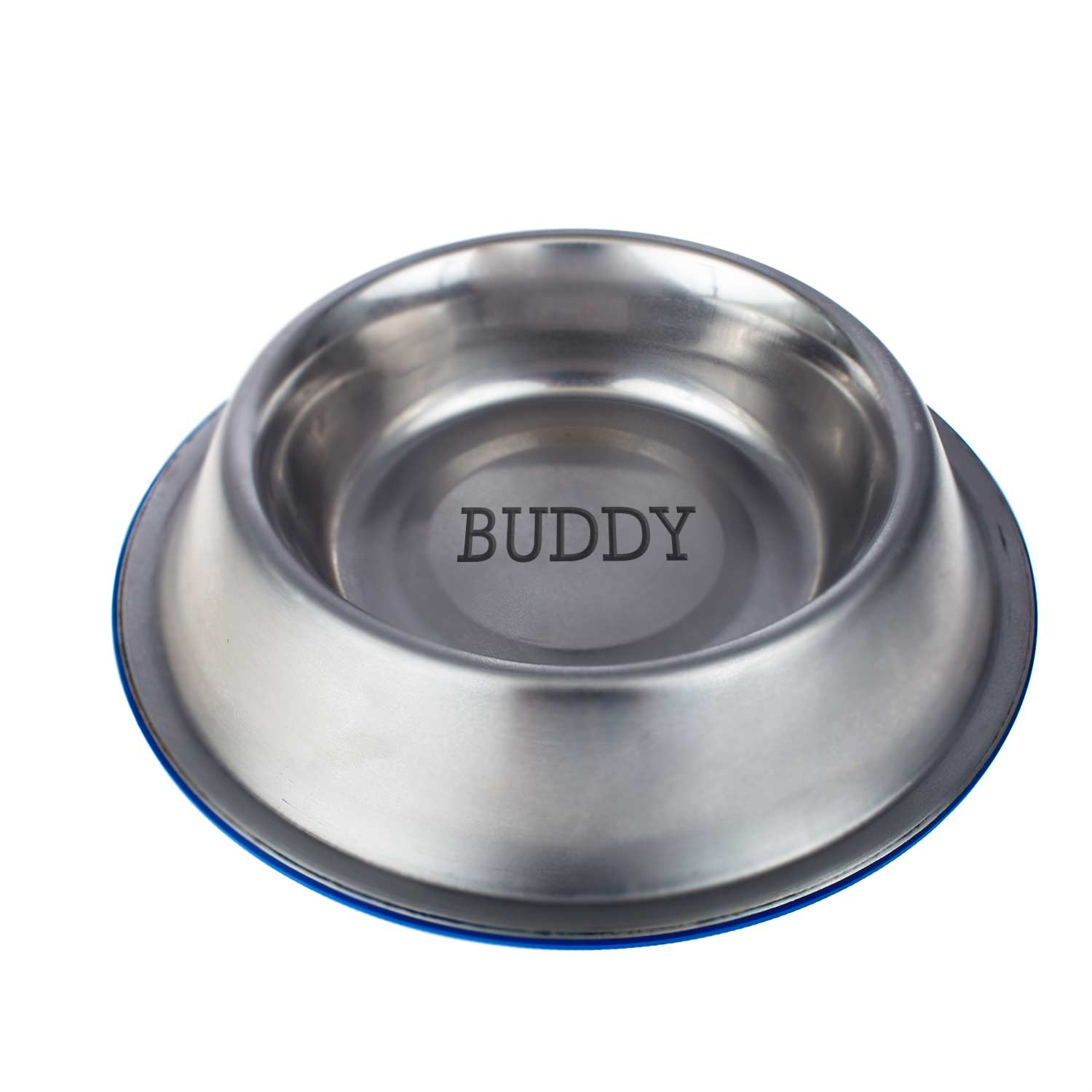 Stainless steel pet bowl with "BUDDY" engraved on base and blue non-slip rim.