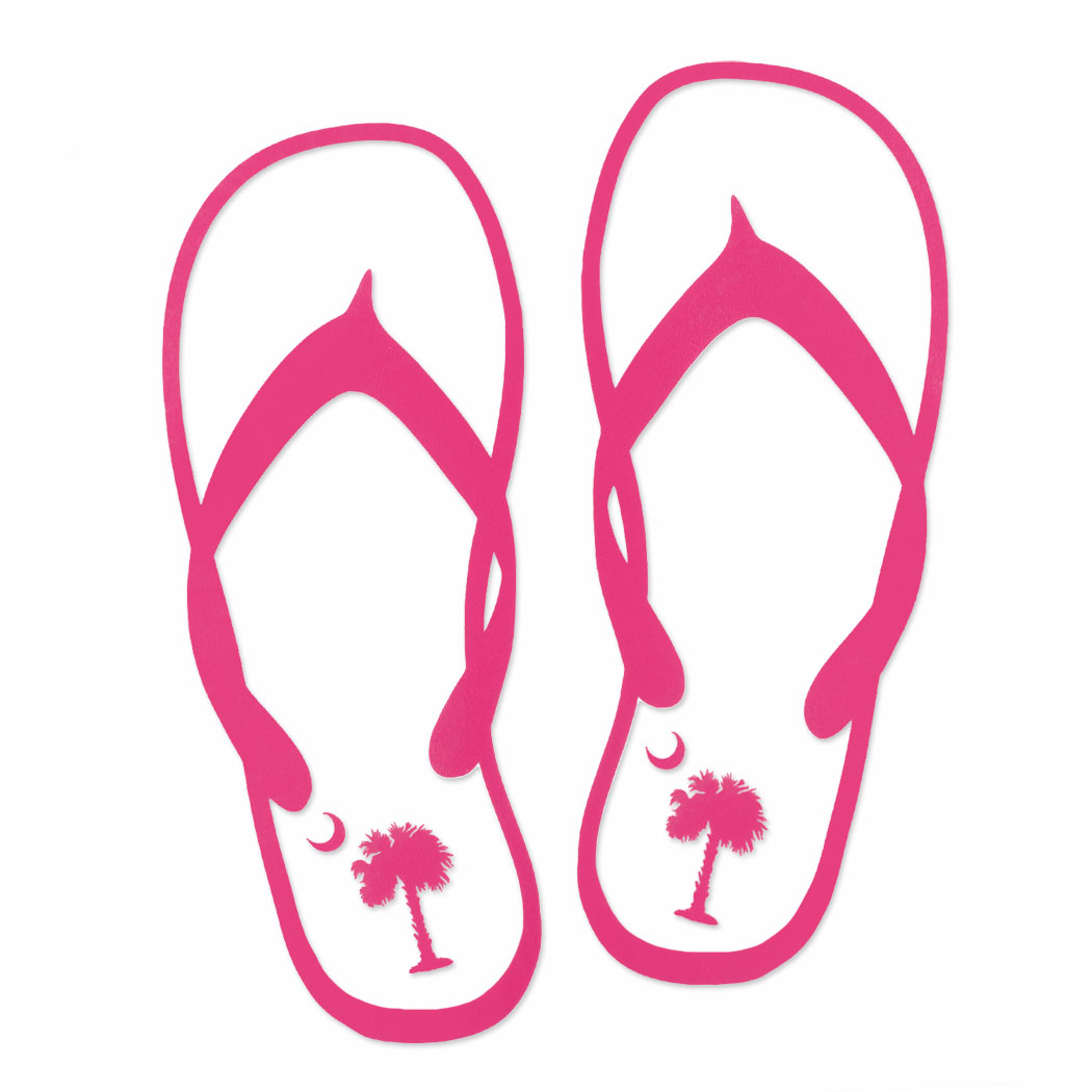 Pink flip-flop silhouette with palm tree and crescent moon design on soles.
