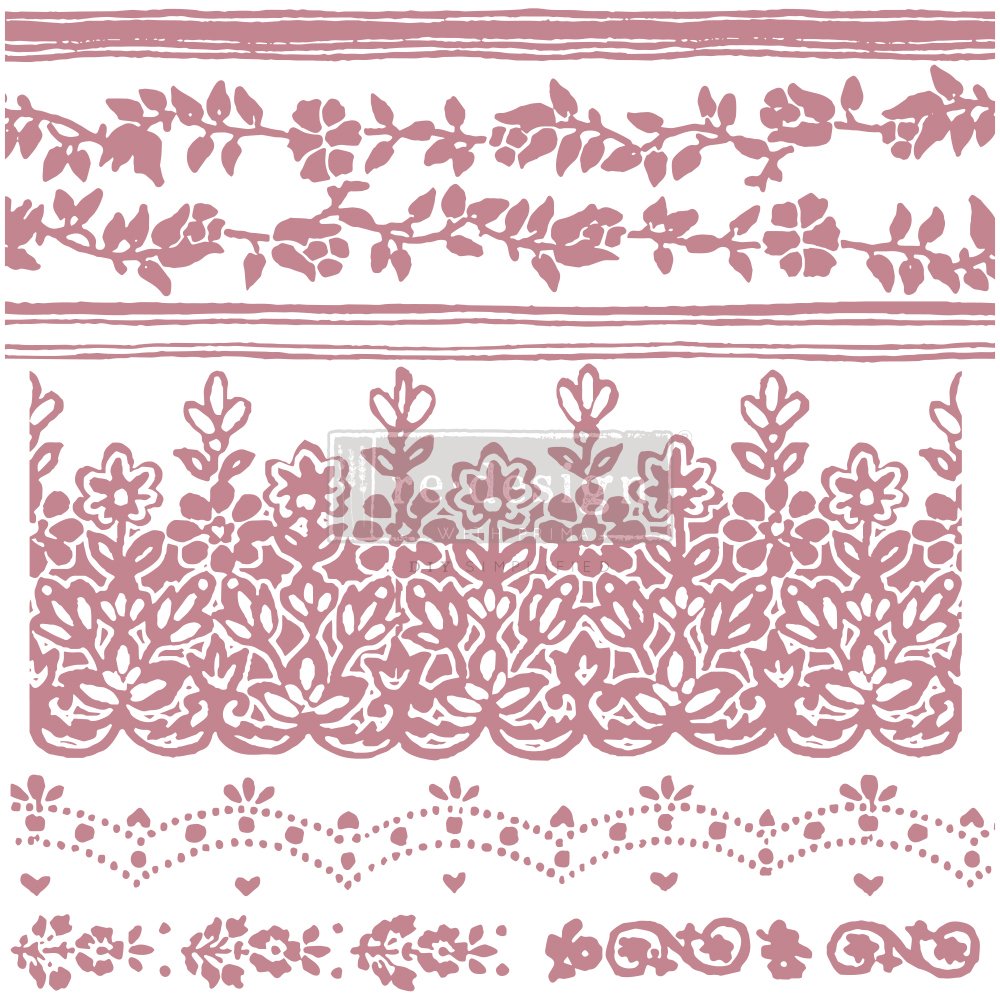 Pink floral lace border patterns with vines, blossoms, hearts, and decorative motifs on white background.