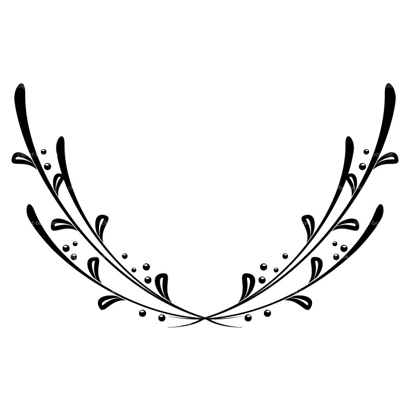 Black-and-white ornamental floral wreath with symmetrical curved stems, leaves, and dots forming an elegant arch.