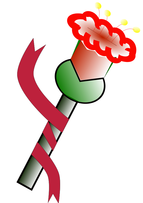 Stylized red flower with green stem, yellow stamens, and a flowing pink ribbon against black background.
