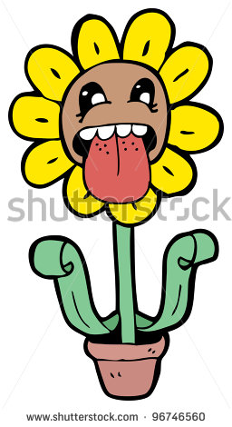 Cartoon sunflower with a goofy face, tongue out, in a pot with cactus-like arms.