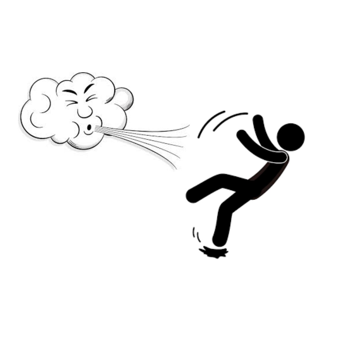 A cartoon cloud with a mischievous face blows strong wind, knocking over a stick figure who stumbles backward.