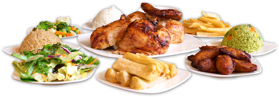 A variety of Latin American dishes including roasted chicken, rice, salad, fried plantains, empanadas, and green rice with fries.
