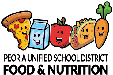 Peoria Unified School District Food & Nutrition logo with smiling food characters: pizza, milk, apple, taco, carrot.