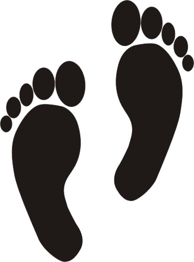 Black silhouette of two human footprints on a white background, left and right feet side by side.