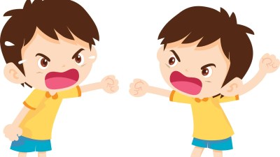Two cartoon boys in yellow shirts and blue shorts arguing angrily, fists clenched and mouths open.